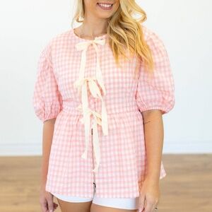 GRACE+EMMA Gingham Blouse With Bows, Pink Plus